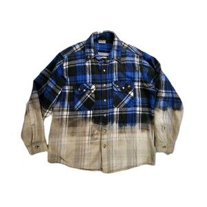 Five Brother Shirt Large Blue Cream Plaid Flannel Gold Embellishments Over Sized